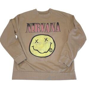 Nirvana Nevermind Smiley Face Sweatshirt Women’s M |Tan 90s Grunge Band Pullover